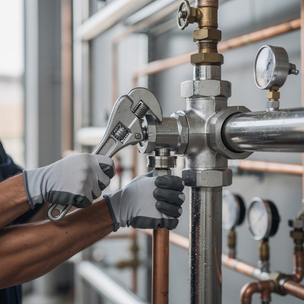 plumber in San Diego commercial plumbing team performing large-scale pipe installation in a San Diego, CA business